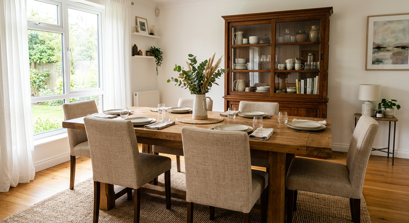 Timber dining table with upholstered chairs and a display cabinet in a family dining room