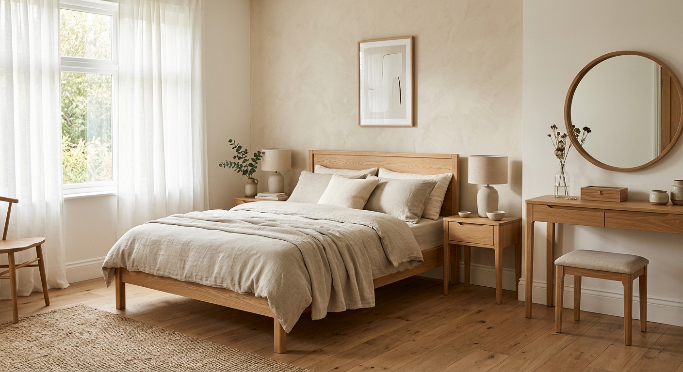 Timber bed with neutral bedding, bedside tables and a dressing table